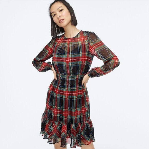 Jcrew Cinched-waist chiffon dress in Stewart tartan sz xl - Picture 2 of 7